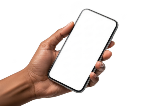 Hand holding mobile phone mockup with blank white screen, smartphone display, cellphone technology, communication device isolated on transparent background