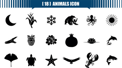 Collection of moon, corn, snowflake, bear, octopus, sun, branch,  black and white icons featuring nature and animals