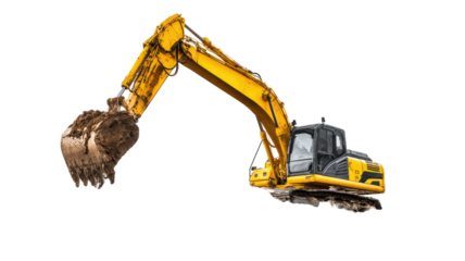 Yellow heavy excavator with large metal bucket and hydraulic arm used for digging construction site work isolated on white background