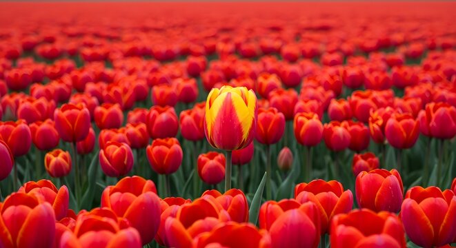 A singular yellow tulip stands out amidst a vast field of vibrant red blossoms - Powered by Adobe