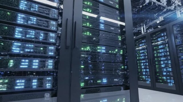 Modern data center featuring liquid cooling with water recycling for enhanced energy efficiency and sustainable environmental conservation, optimizing server performance. 87833261 2