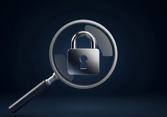 Magnifying glass focusing on a padlock symbol representing cybersecurity, privacy protection, data safety, and digital security