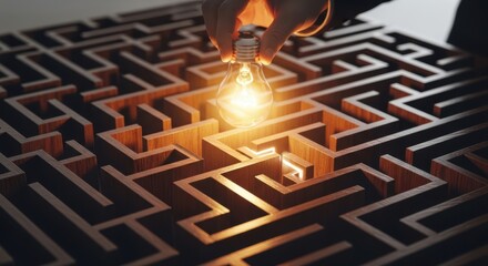 Hand holding light bulb above wooden maze, solution and innovation concept