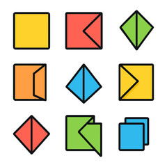 Colorful geometric origami patterns in yellow, red, green, and blue squares and rhombuses.