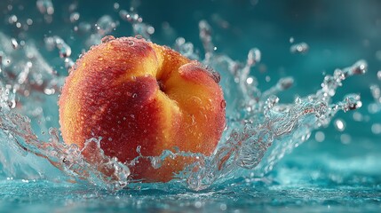 Dynamic splash as a whole peach drops into a serene blue pool high contrast motion frozen studio shot minimalist style