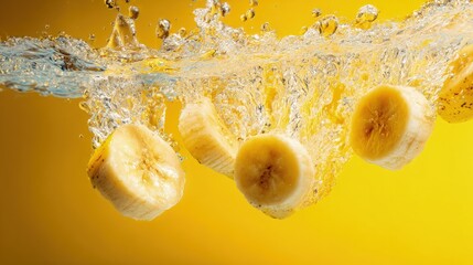 Fresh banana slices splashing into sparkling water vivid yellow hues dynamic motion refreshing scene ideal for commercial images