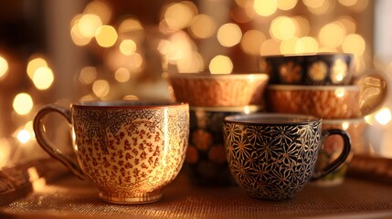 Fototapeta premium Decorative ceramic mugs are illuminated by warm, glowing bokeh lights creating a cozy atmosphere