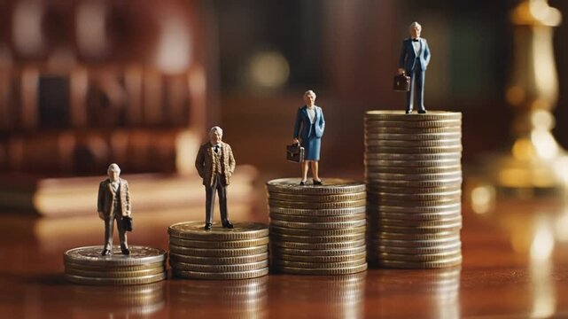 Miniature figures standing on increasing stacks of coins, symbolizing salary growth, career progression, or wealth accumulation over time. 97404955 1