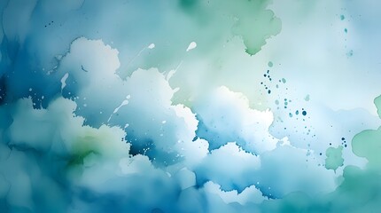 blue and green watercolor background with an abstract cloudy sky concept featuring soft color splashes and subtle fringe bleed stains and organic blobs in white and cream hues, blending seamlessly to 