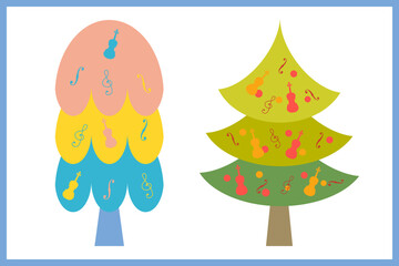 Colorful pastel pine tree and violin,viola, cello,music clip art.Beautiful flat design background isolated.illustration for print Design for happy holiday decorate,festival,new year, Christmas,party.
