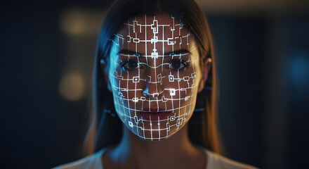 A woman's face is overlaid with a digital grid, representing facial recognition technology.