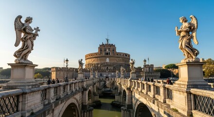 Obraz premium Magnificent castel sant'angelo with angel statues on ponte sant'angelo at sunset in rome