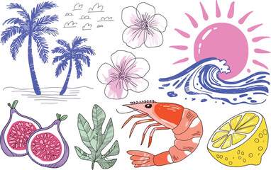 Tropical beach elements and food illustration palm