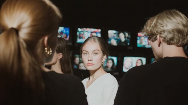Captivating Gaze Amidst a Sea of Screens: A young woman's intense gaze amidst a backdrop of multiple screens, portraying a scene of observation, media, and digital immersion.