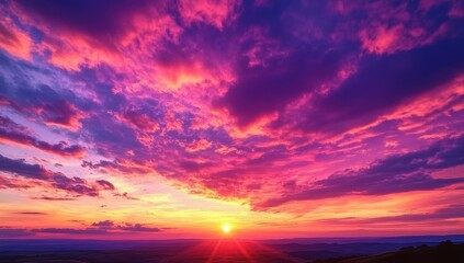 A breathtaking sunset fills the sky with vibrant hues of pink, purple, and orange, casting a serene glow over the landscape.