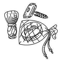 Hand-drawn sketch of classic shaving accessories. Handmade soap. Round soap with a mustache in bag, razor, foaming brush. Graphic black line illustration on the topic of hair care and men's grooming.