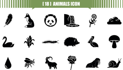 Collection of icon, animals, nature, black, white, feather, fox,  various black and white animal and nature icons