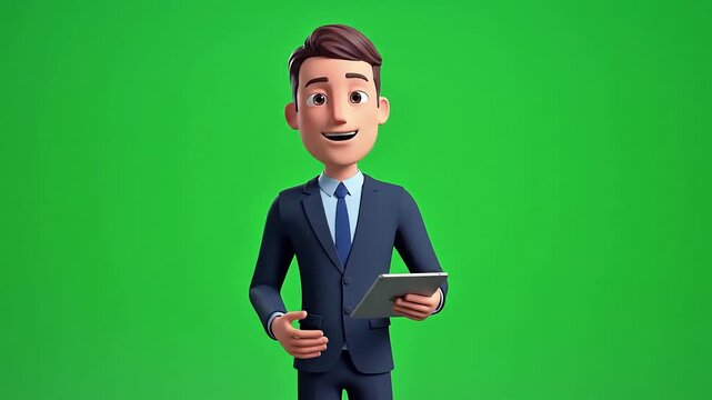 3D cartoon male presenter holding tablet isolated on green screen