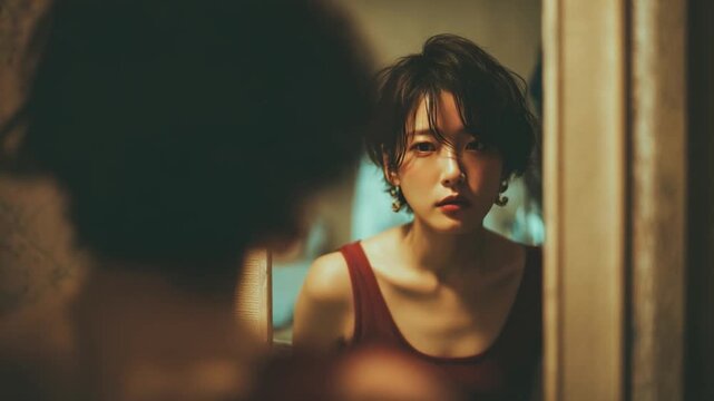 Reflecting on Self: A pensive individual gazes into the mirror, caught in a moment of introspection, capturing the nuances of inner thoughts.