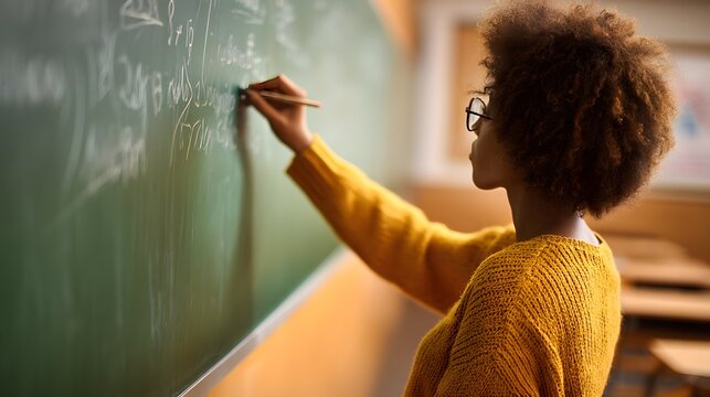 Adult individual with afro hairstyle writes equations on a green classroom blackboard