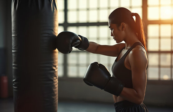 Young Indian woman trains boxing in a gym, hitting a heavy punching bag with power and focus. She wears boxing gloves and athletic attire for her workout.