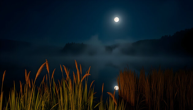 Enchanting Misty Lake At Night With Full Moon And Fireflies Illuminating The Serene Waters And Golden Reeds