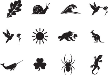 Collection of leaf, snail, wave, hummingbird, flower, sun,  various black silhouette icons on white background