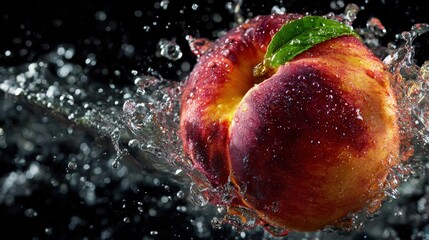 High-speed capture of juicy nectarine splashing water crystal droplets frozen midair dramatic lighting ultra-realistic macro photography vibrant freshness