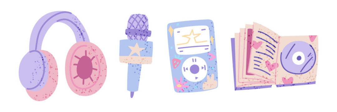 set of accessories for music and K-pop fans. Wireless headphones, a microphone, a player, and a photo book with a disk. Stickers for K-pop fans. A trendy, colorful flat illustration.