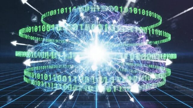 Glowing digital cloud with binary code and arrows symbolizing cloud computing, data transfer, storage, and online services in a futuristic setting. 51093350 1