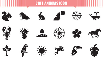 Collection of squirrel, walrus, rabbit, wolf, snowflake, whale,  black and white animal and nature vector icons