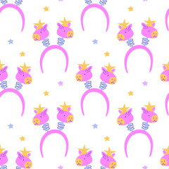 Seamless pattern with cute capybara head bopper headbands on springs. K-pop band merch hoop. Fashionable, colorful flat vector illustration for backgrounds, textiles, packaging, and designs