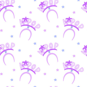 Seamless pattern with inscription K-pop bopper on the headband on spring. Hairband in support of band. Fashionable, colorful flat vector illustration concert accessories, textiles, packaging, design.