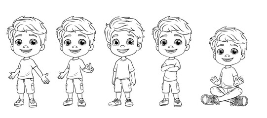 Set Of Boy Character different poses. hand drawn line art , vector illustration design.