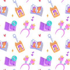 Seamless pattern with K-pop fans items. Album, photo card, keychain and glow stick. Korean fashion. Fashionable, colorful flat vector illustration for background, textile, packaging and design