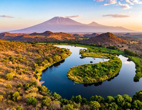 Picturesque aerial view of a river meandering by hills with mountains - Powered by Adobe