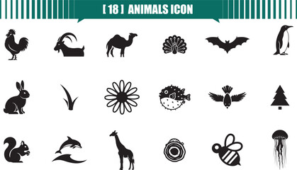 Collection of rooster, goat, camel, peacock, bat, penguin, animal and nature icons in black silhouette style
