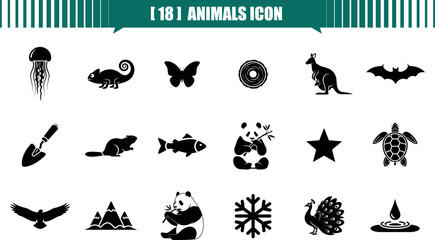 A collection of animal, icon, jellyfish, chameleon, butterfly, wood,  animal and nature icons in black and white style