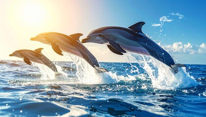 Three Dolphins Leaping from Ocean Waves at Sunset