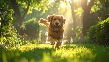 Happy Golden Retriever Running Through Sunlit Summer Garden