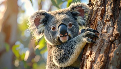 Close-up of Wild Koala Bear Clinging to Eucalyptus Tree Trunk in Golden Sunlight