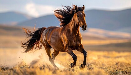 Wild Bay Horse Galloping Across Prairie in Golden Light