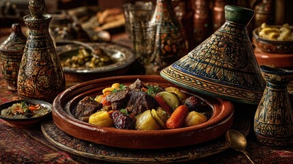 Rustic Maghrebi Cuisine tagine beef with dates saffron colorful vegetables ornate clay pot cozy dining scene authentic North African ambiance