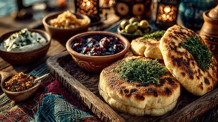 Rustic wooden table with Traditional Turkish Food Bazlama fresh herbs olives and yogurt dip vibrant market setting warm sunlight inviting composition