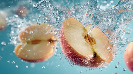 Fresh apple slices splashing water with bubbles cinematic freeze frame bright natural tones refreshing vitality composition