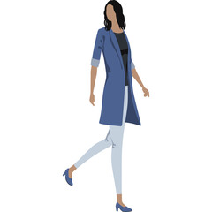 Fototapeta premium A Full Body Shot Of A Woman In A Blue Blazer And Light Blue Jeans Walking With A White Background