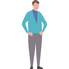 A Full Body Illustration of a Man Standing With His Hands On His Hips Wearing A Blue Shirt and Teal Cardigan Over A White Collared Shirt and Gray Pants On A Transparent White Background