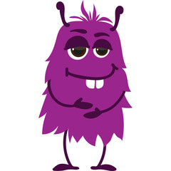 A funny cartoon monster with purple fur two small teeth and big brown eyes on a transparent background