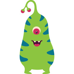 A Funny Green One Eyed Cartoon Alien Monster With Blue Stripes and Antennas Standing On Transparent Background