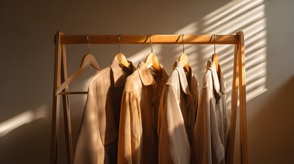 Neutral colored outerwear hangs neatly upon a wooden clothing rack bathed in directional sunlight.